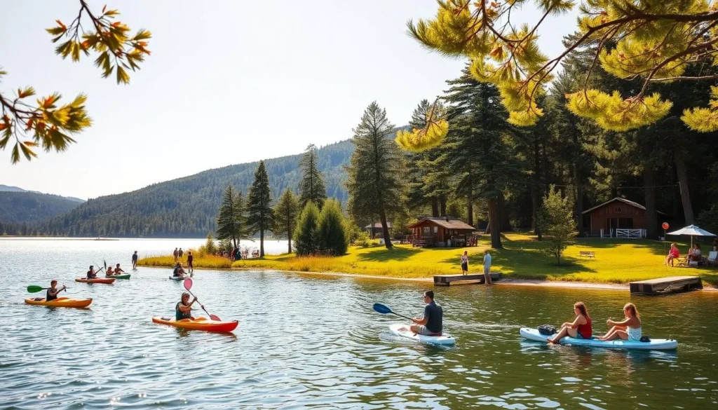 Outdoor activities around Zarasai's picturesque lakes on a bright summer day. In the foreground, people leisurely kayaking and stand-up paddleboarding on the calm, glimmering waters. In the middle ground, families enjoying a picnic on the grassy shoreline, tossing a frisbee or fishing from the docks. Towering pine trees and rolling hills form the serene, verdant backdrop. Warm, golden sunlight filters through the leaves, casting a soft, tranquil glow over the entire scene. Capture the essence of relaxation and connection with nature in this idyllic lakeside setting.