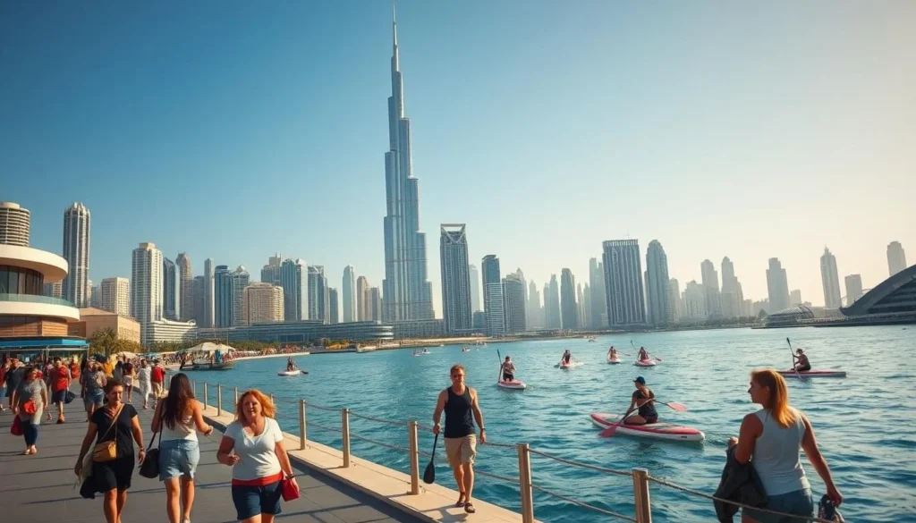 Outdoor activities in Dubai on a pleasant day: a vibrant cityscape framed by the iconic Burj Khalifa, set against a clear azure sky. In the foreground, a group of friends strolling along a bustling promenade, enjoying the temperate weather and taking in the sights. In the middle ground, visitors paddle-boarding on the serene waters of the Dubai Marina, with towering skyscrapers providing a dramatic backdrop. The scene is illuminated by warm, natural sunlight, casting a golden glow and highlighting the city's modern architecture. An atmosphere of relaxation and adventure pervades the image, capturing the essence of Dubai's optimal outdoor conditions.