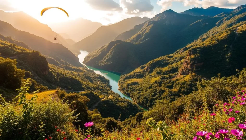 Outdoor activities in Merida, Venezuela: Lush, verdant mountains provide a stunning backdrop as adventurous hikers explore winding trails, cascading waterfalls, and serene alpine lakes. The warm, golden sunlight filters through the canopy, casting a soft glow on the rugged terrain. Thrill-seekers paraglide gracefully over the rolling hills, while whitewater rafters navigate the rushing, turquoise rivers. Horseback riders trot along scenic vistas, taking in the breathtaking panoramas of the Andes. Vibrant wildflowers and lush, verdant foliage frame the scene, creating a sense of natural harmony and tranquility.
