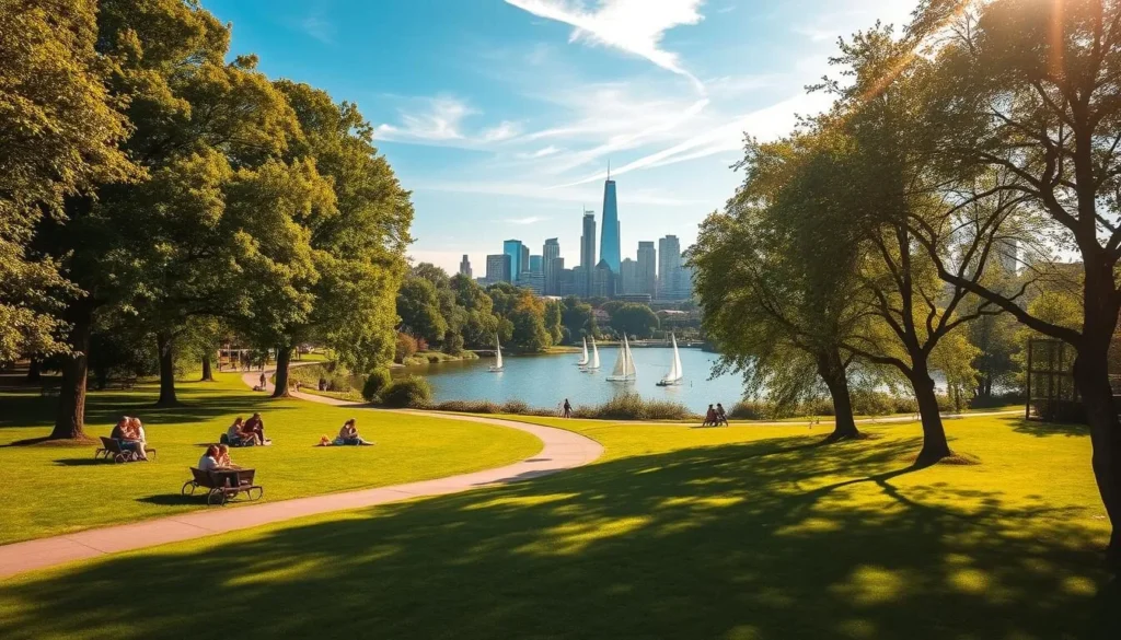 Outdoor adventures in Newham: a vibrant urban oasis. In the foreground, lush greenery and a meandering path invite exploration. Families picnic on the lush grass, children frolic on the playground. Towering trees cast dappled shadows, a gentle breeze rustles the leaves. In the middle ground, a sparkling lake reflects the clear blue sky, sailboats gently gliding across the calm waters. In the distance, the modern skyline of Newham rises, a striking contrast to the natural beauty. Warm, golden sunlight filters through wispy clouds, creating a serene, inviting atmosphere. Capture the perfect balance of urban and outdoor adventure in this idyllic Newham scene.