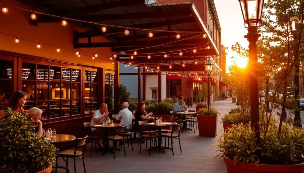 Outdoor dining area at a restaurant in downtown Cary with people enjoying meals on a patio