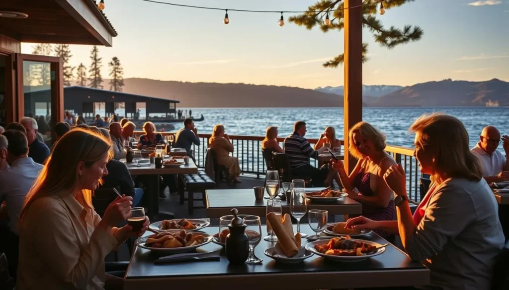 Outdoor dining at a lakefront restaurant in Kings Beach with Lake Tahoe views Outdoor dining at a lakefront restaurant in Kings Beach with Lake Tahoe views