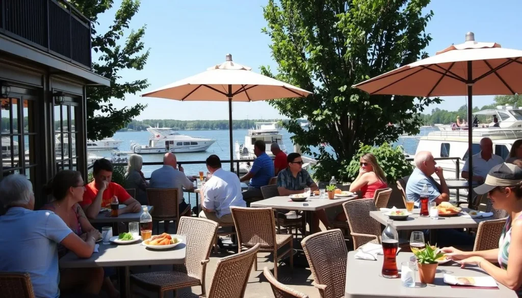 Outdoor dining at a waterfront restaurant in Saugatuck with views of boats on the Kalamazoo River Outdoor dining at a waterfront restaurant in Saugatuck with views of boats on the Kalamazoo River