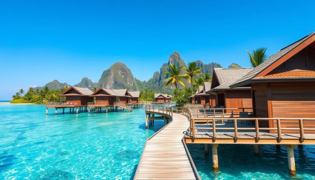 Overwater bungalows at a resort in Coron with stunning views of the bay and limestone formations