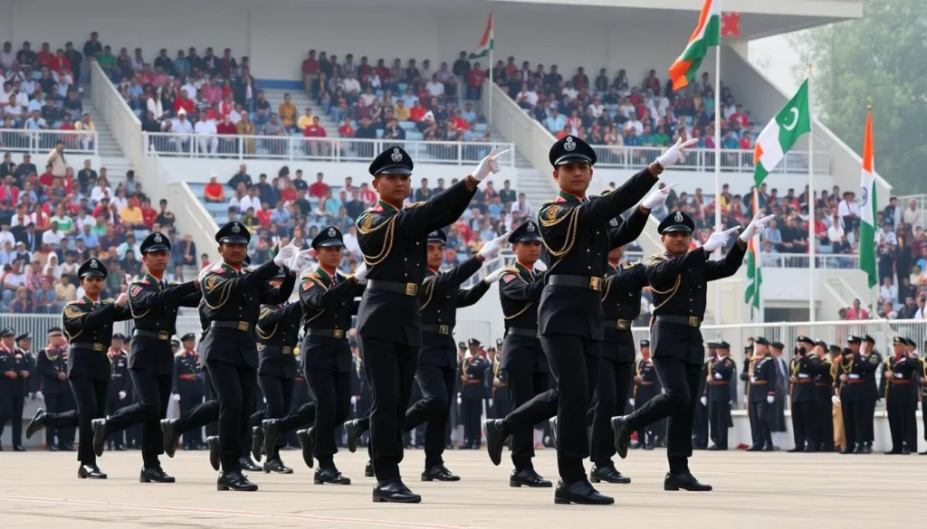 Pakistan Rangers performing high kicks during the Wagah Border Ceremony