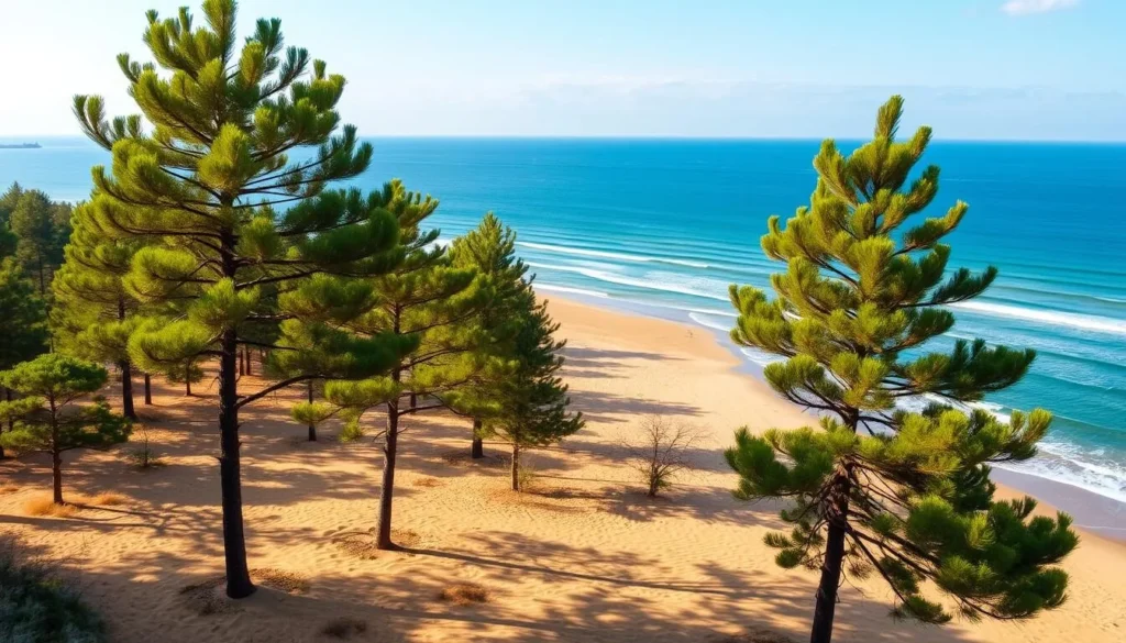 Palanga Baltic Coast: Serene Shoreline Splendor A picturesque coastal scene along the Baltic Sea in Palanga, Lithuania. Sprawling golden sand beaches are framed by gently swaying pine trees, their verdant canopies casting a warm, dappled light across the tranquil shore. In the distance, the endless horizon meets the deep azure waters of the sea, punctuated by the occasional white-capped wave. A soft, salty breeze caresses the scene, creating a sense of peaceful solitude. Captured through a wide-angle lens, the composition offers a sweeping, cinematic view that fully immerses the viewer in the serene, natural beauty of this premier Lithuanian coastal destination.