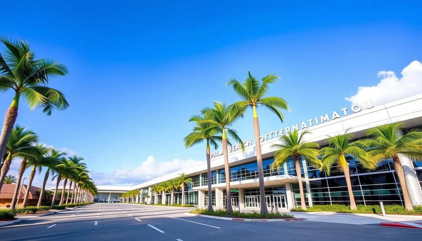 Palm Beach International Airport with palm trees and blue sky