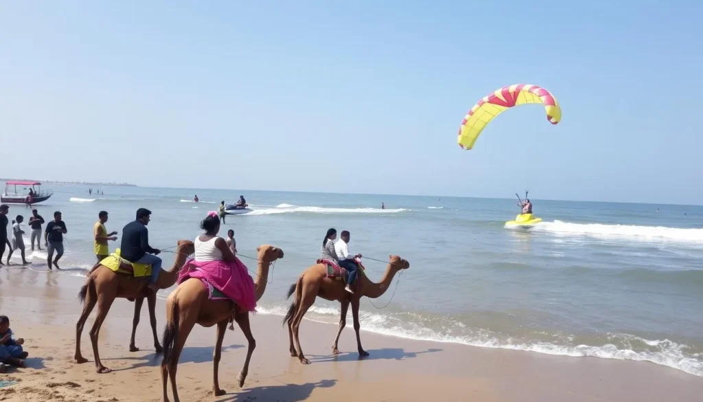Panambur Beach Mangaluru with people enjoying water sports and camel rides