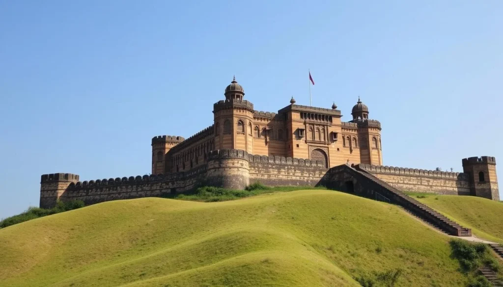 Panhala Fort, a majestic 13th-century stronghold in Kolhapur, Maharashtra, stands tall against a clear blue sky. Its imposing stone walls, ornate gateways, and intricate architectural details command attention. Capture the fort's grandeur from an elevated perspective, showcasing its strategic hilltop location and the verdant rolling hills that surround it. Lighting should be natural and soft, highlighting the weathered stone and creating warm, golden hues. The overall mood should convey a sense of history, strength, and tranquility, inviting the viewer to explore this remarkable historic site.
