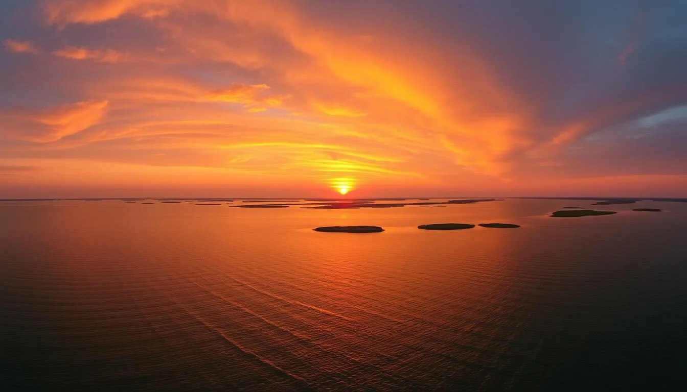 Panoramic sunset view at The Point Island, North Carolina with ocean meeting the Intracoastal Waterway