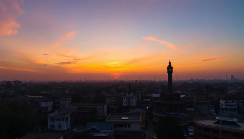 Panoramic sunset view of Faisalabad city skyline with the Clock Tower silhouette