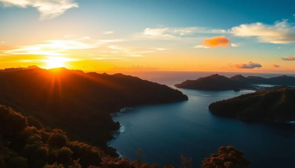 Panoramic sunset view of Iriomote Island's coastline and jungle