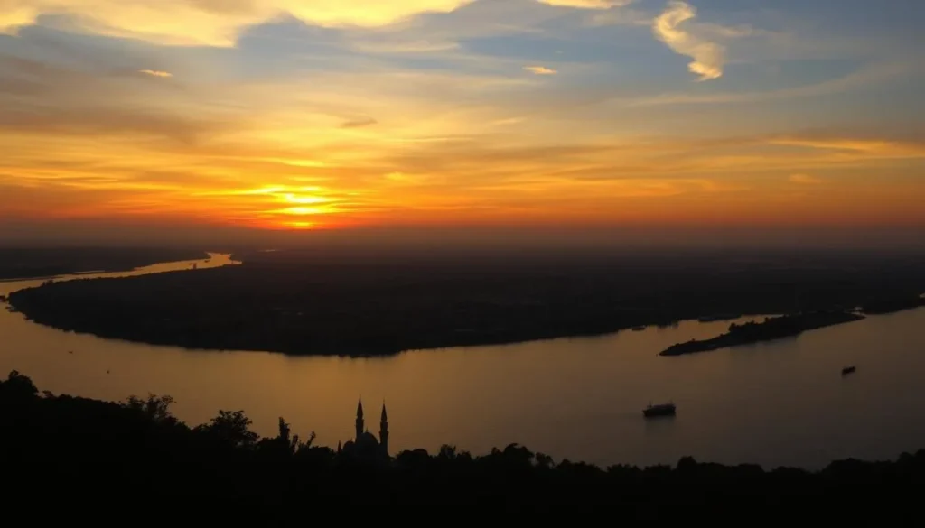 Panoramic sunset view of Jamalpur with the Brahmaputra River and town silhouette