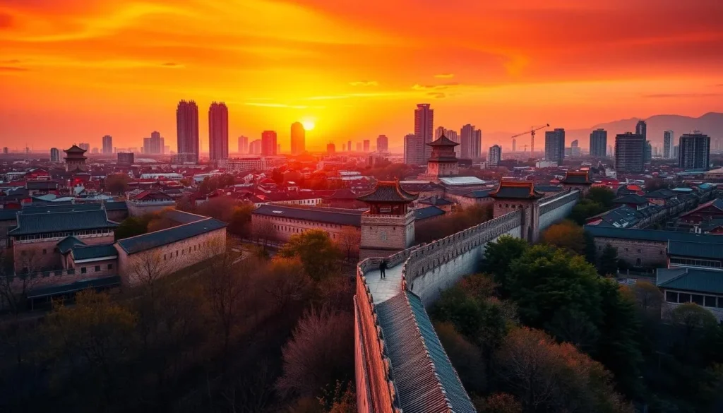 Panoramic sunset view of Xi'An showing ancient and modern elements of the city