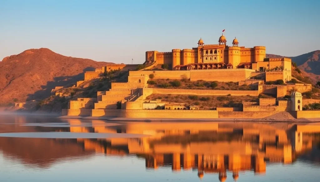 Panoramic view of Amber Fort perched on hillside with reflection in Maota Lake, Jaipur