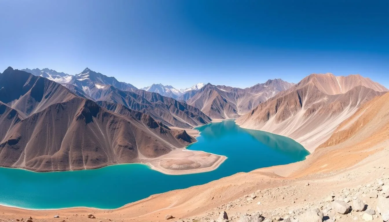Panoramic view of Attabad Lake's turquoise waters surrounded by snow-capped mountains in Hunza Valley, Pakistan