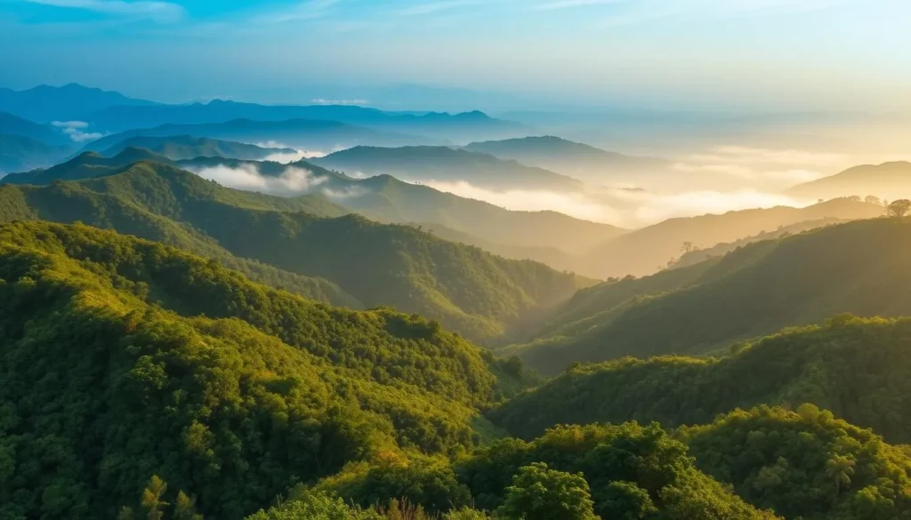 Panoramic view of Bandarban's lush green hills and valleys with morning mist