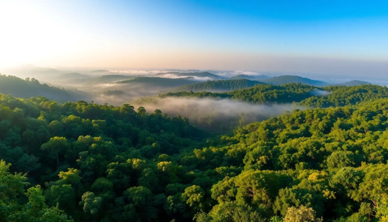 Panoramic view of Bhawal National Park showing lush green forest canopy with morning mist rising from the trees