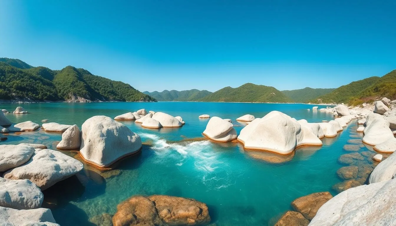 Panoramic view of Bholaganj Lake (Sada Pathor) with crystal clear water flowing over white stones with green hills in the background