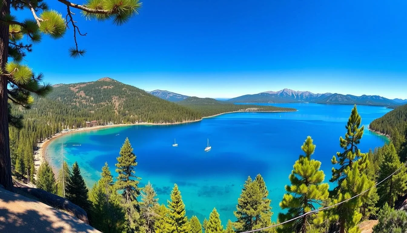 Panoramic view of Big Bear Lake surrounded by pine forests and mountains in summer, showcasing the best Big Bear California things to do