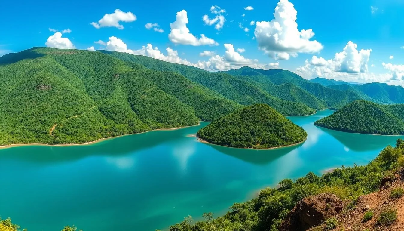Panoramic view of Boga Lake, Bangladesh with mountains in the background