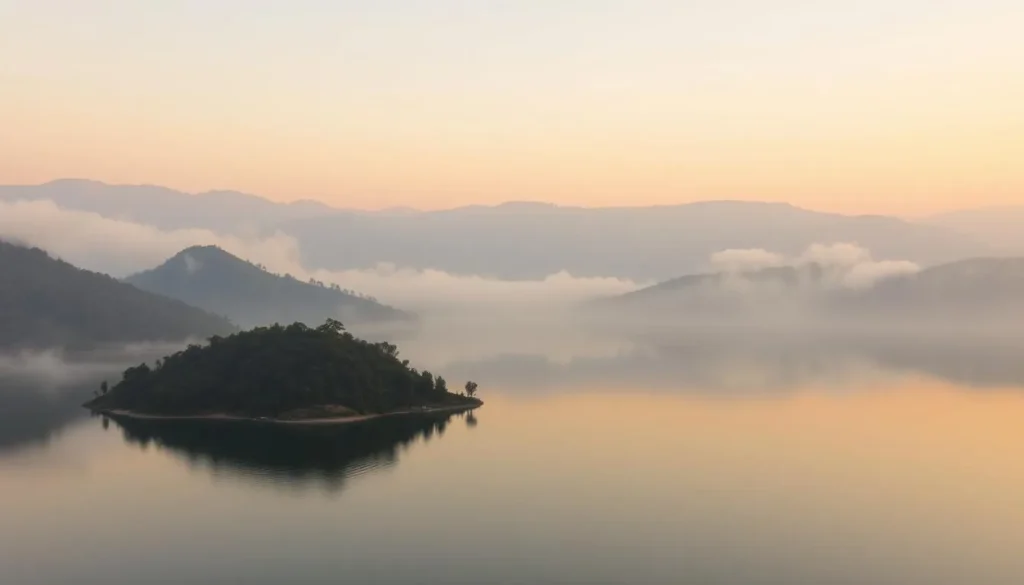 Panoramic view of Boga Lake at dawn with mist rising from the water