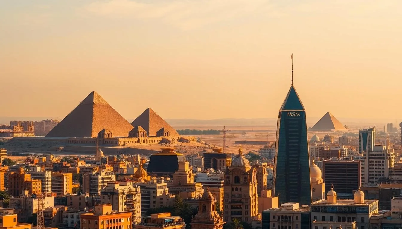 Panoramic view of Cairo Egypt with the Pyramids of Giza in the background and the city skyline