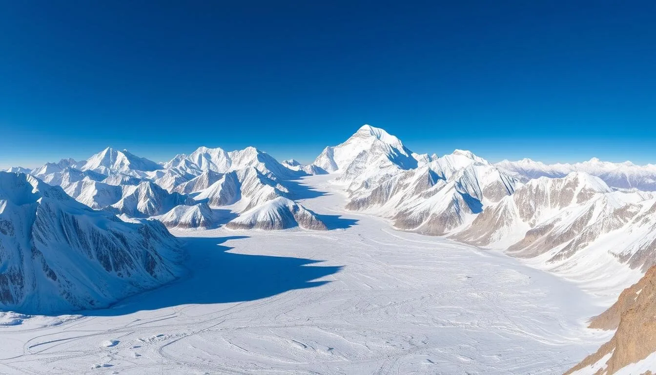 Panoramic view of Concordia Pakistan with K2 and surrounding peaks visible against a clear blue sky