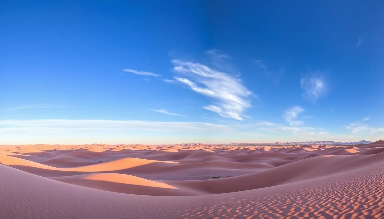 Panoramic view of Coral Pink Sand Dunes State Park, Utah showing vast pink sand dunes against blue sky