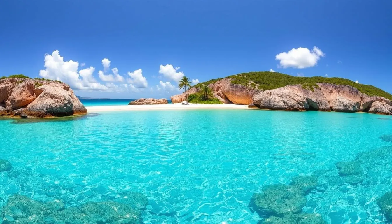 Panoramic view of Crocus Bay, Anguilla showing turquoise waters, white sand beach and surrounding cliffs