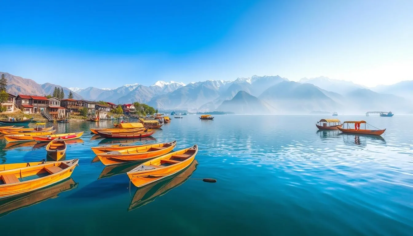 Panoramic view of Dal Lake in Srinagar with colorful shikaras and houseboats against the backdrop of snow-capped mountains