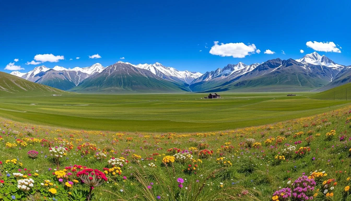 Panoramic view of Deosai National Park, Pakistan showing vast alpine meadows with wildflowers and snow-capped mountains in the background
