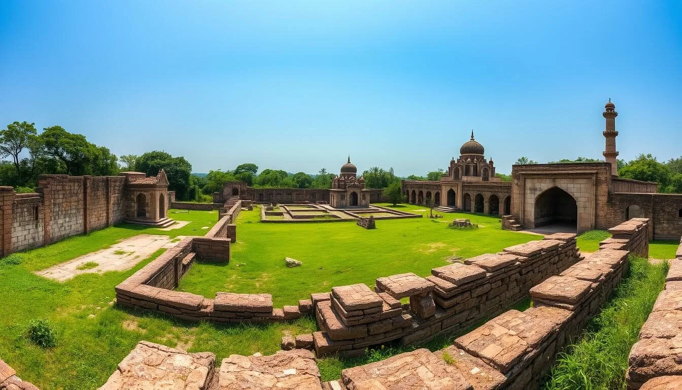 Panoramic view of Gaur Bangladesh ruins with ancient mosques and structures