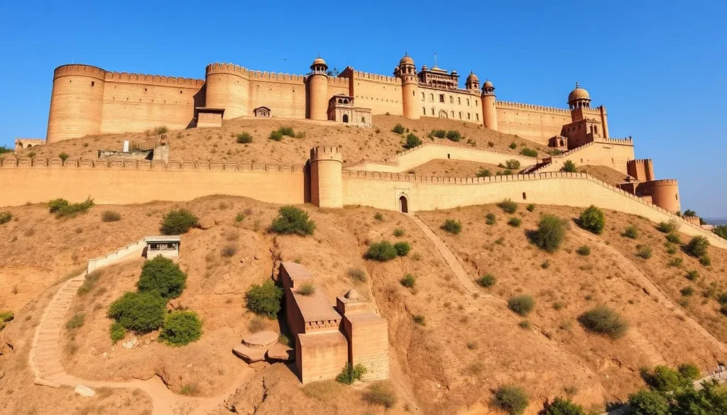 Panoramic view of Gwalior Fort on a hilltop showing the massive stone walls and palaces Panoramic view of Gwalior Fort on a hilltop showing the massive stone walls and palaces