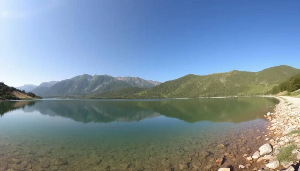 Panoramic view of Harnoi Lake in Abbottabad with mountains in background
