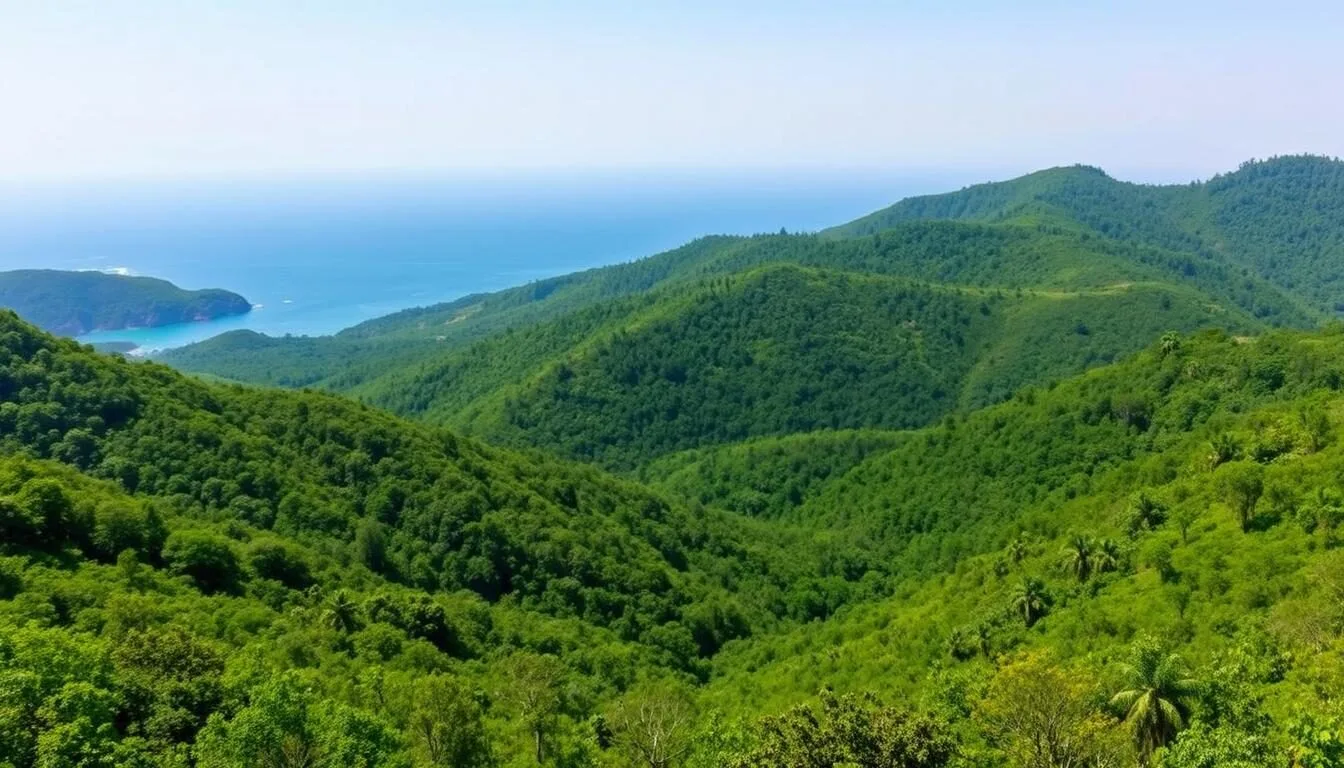 Panoramic view of Himchari National Park showing lush green forests with the Bay of Bengal in the background