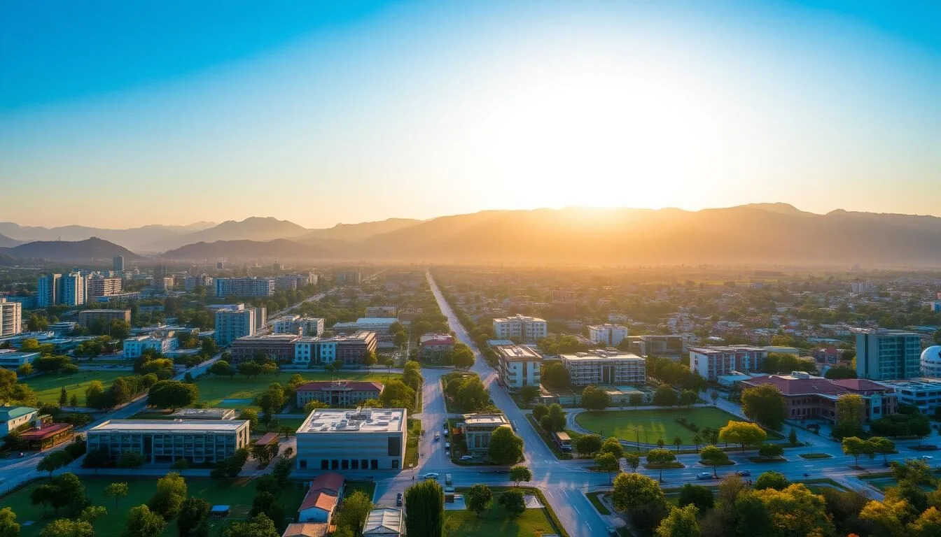 Panoramic view of Islamabad city with the Margalla Hills in the background during golden hour