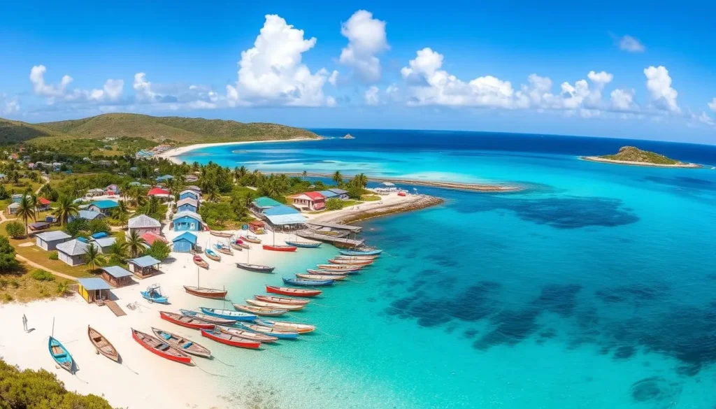 Panoramic view of Island Harbour showing the fishing village, beach, and surrounding landscape
