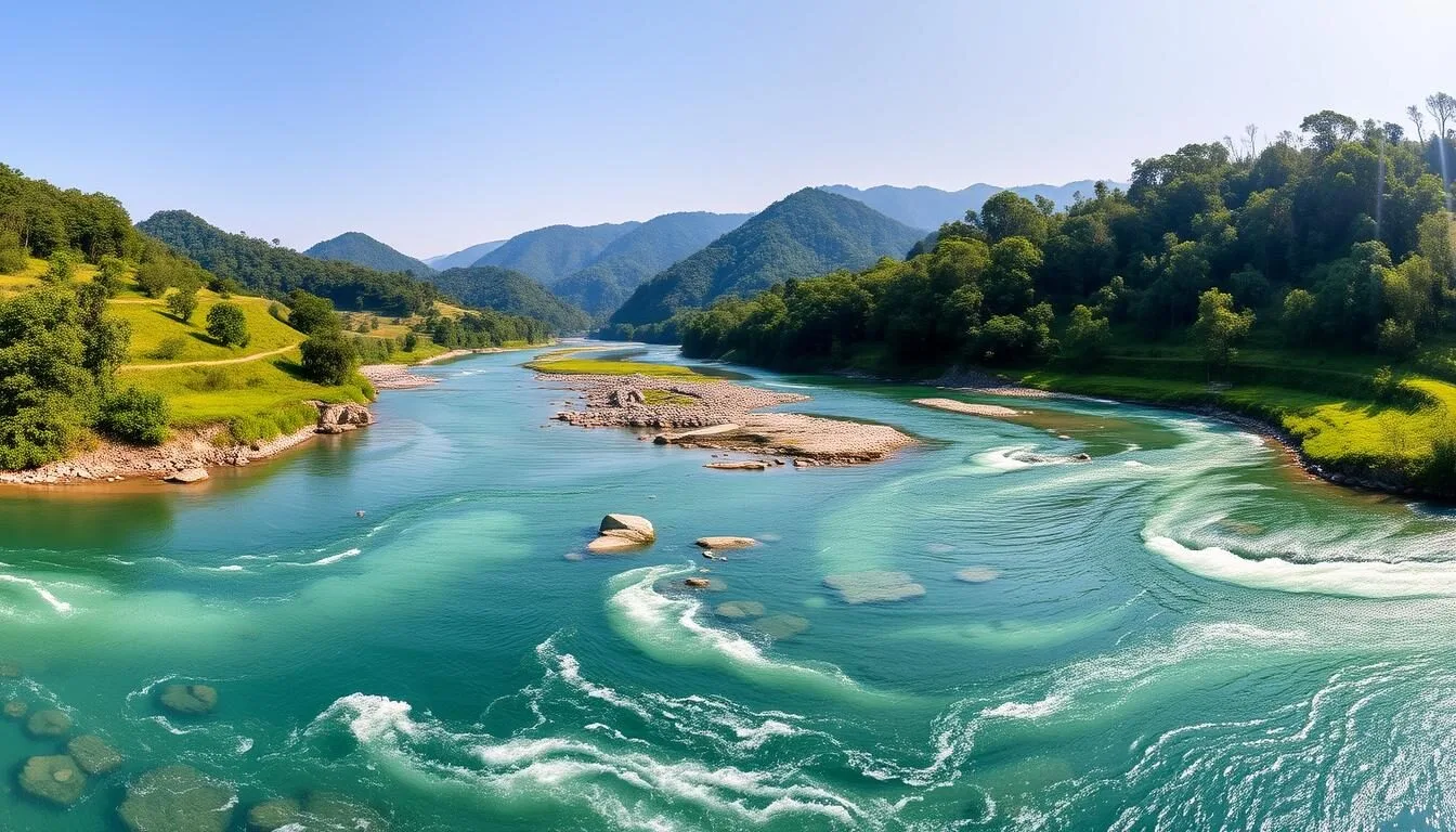 Panoramic view of Jaflong showing the crystal-clear Piyain River with hills of Meghalaya in the background
