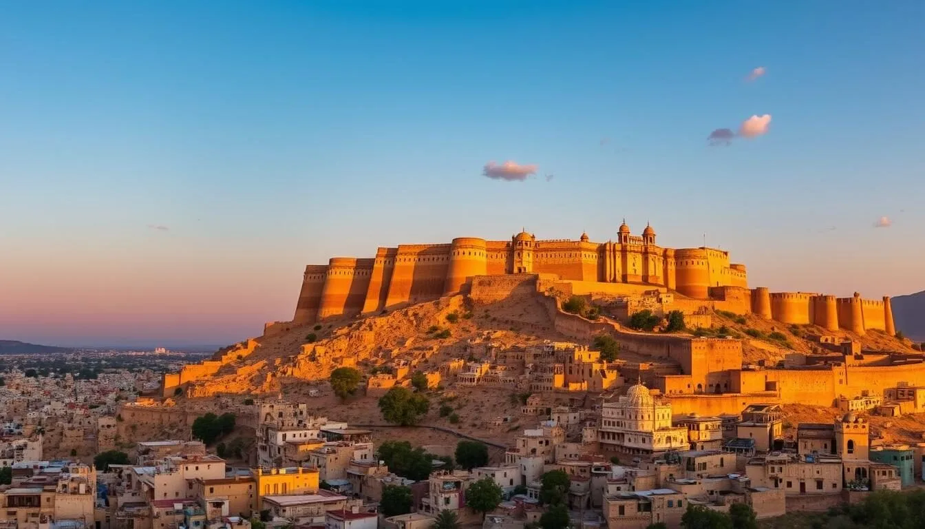 Panoramic view of Jaisalmer Fort at sunset, glowing golden against the blue sky with the city sprawling below
