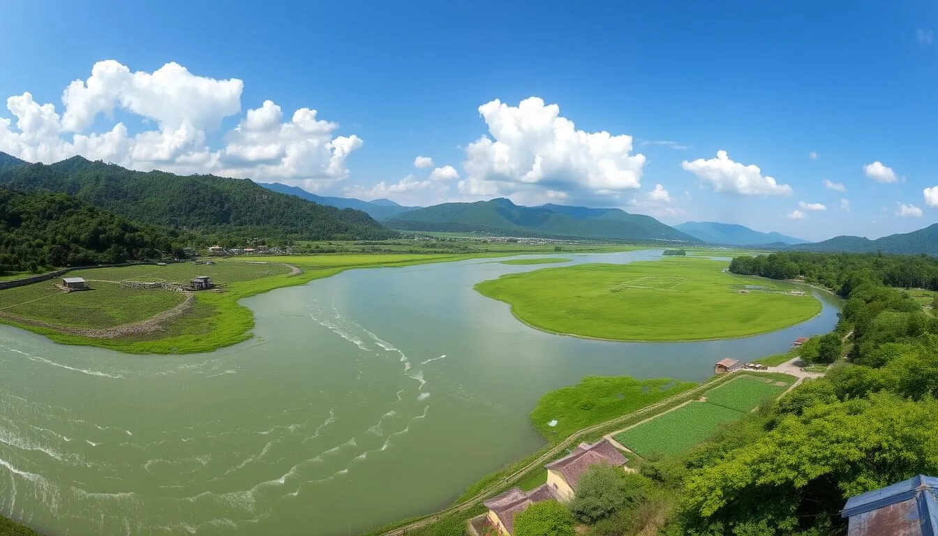 Panoramic view of Jamalpur, Bangladesh showing the Brahmaputra River and lush green landscape