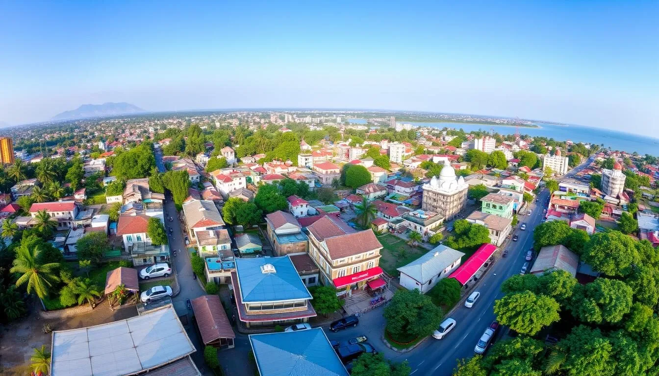 Panoramic view of Jessore city with lush greenery and traditional architecture
