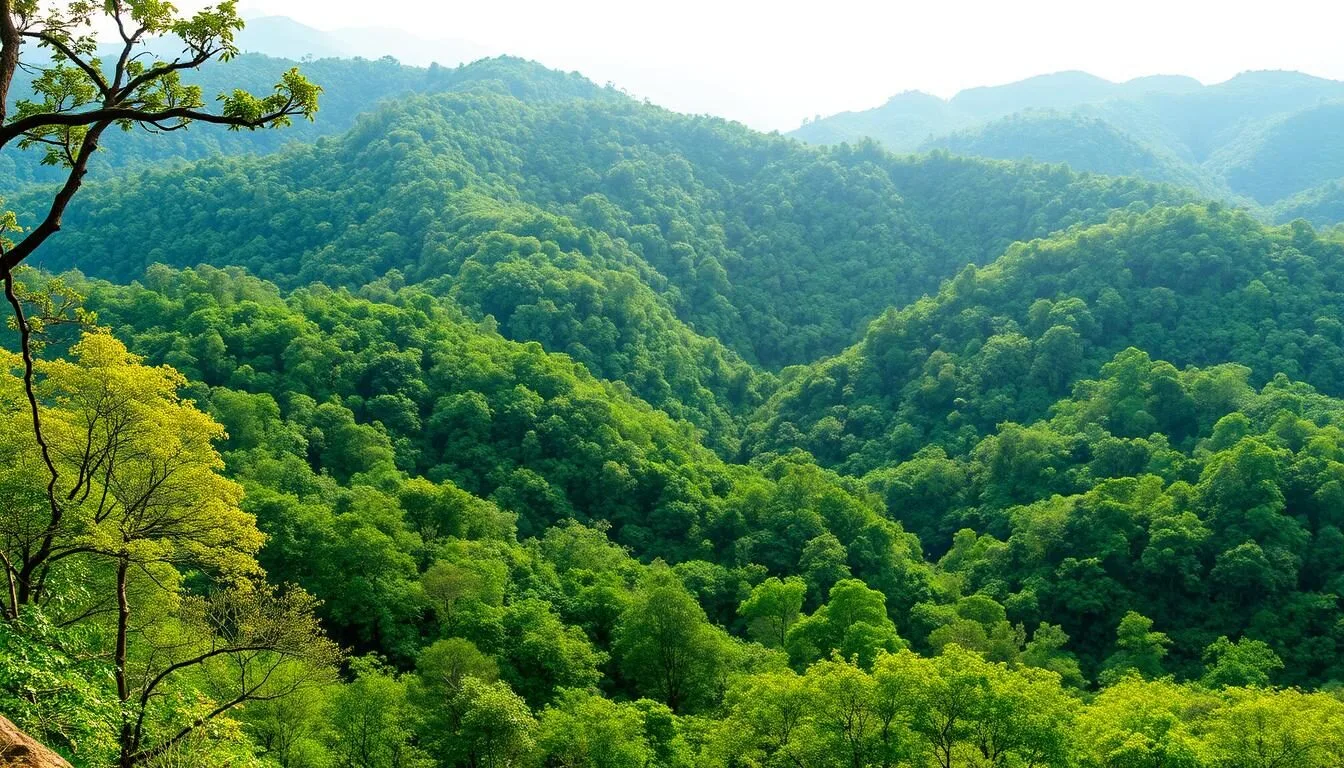 Panoramic view of Kadigarh National Park showing lush green forest canopy in Mymensingh, Bangladesh