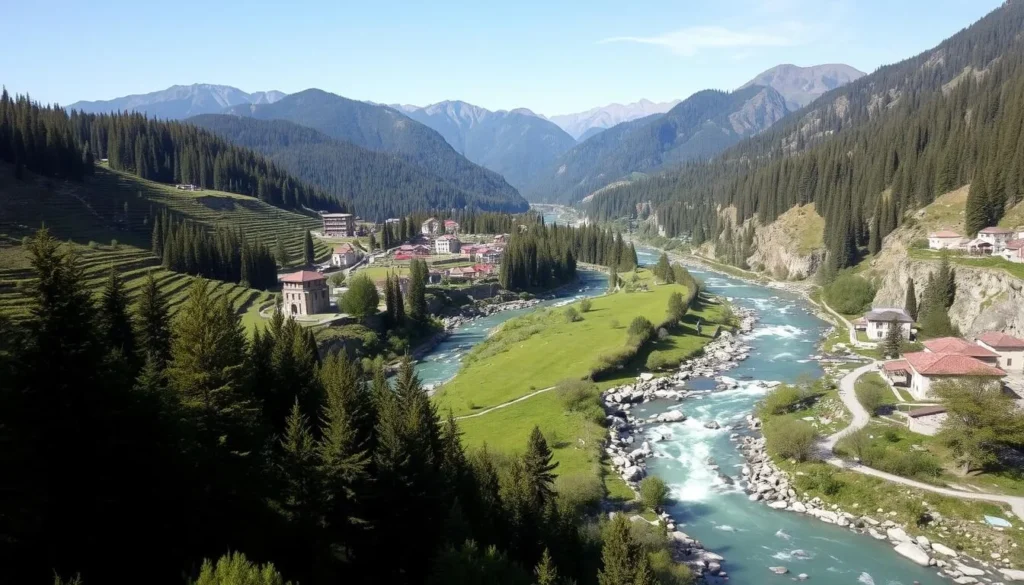 Panoramic view of Kalam Valley with the Swat River flowing through lush green landscapes and mountains