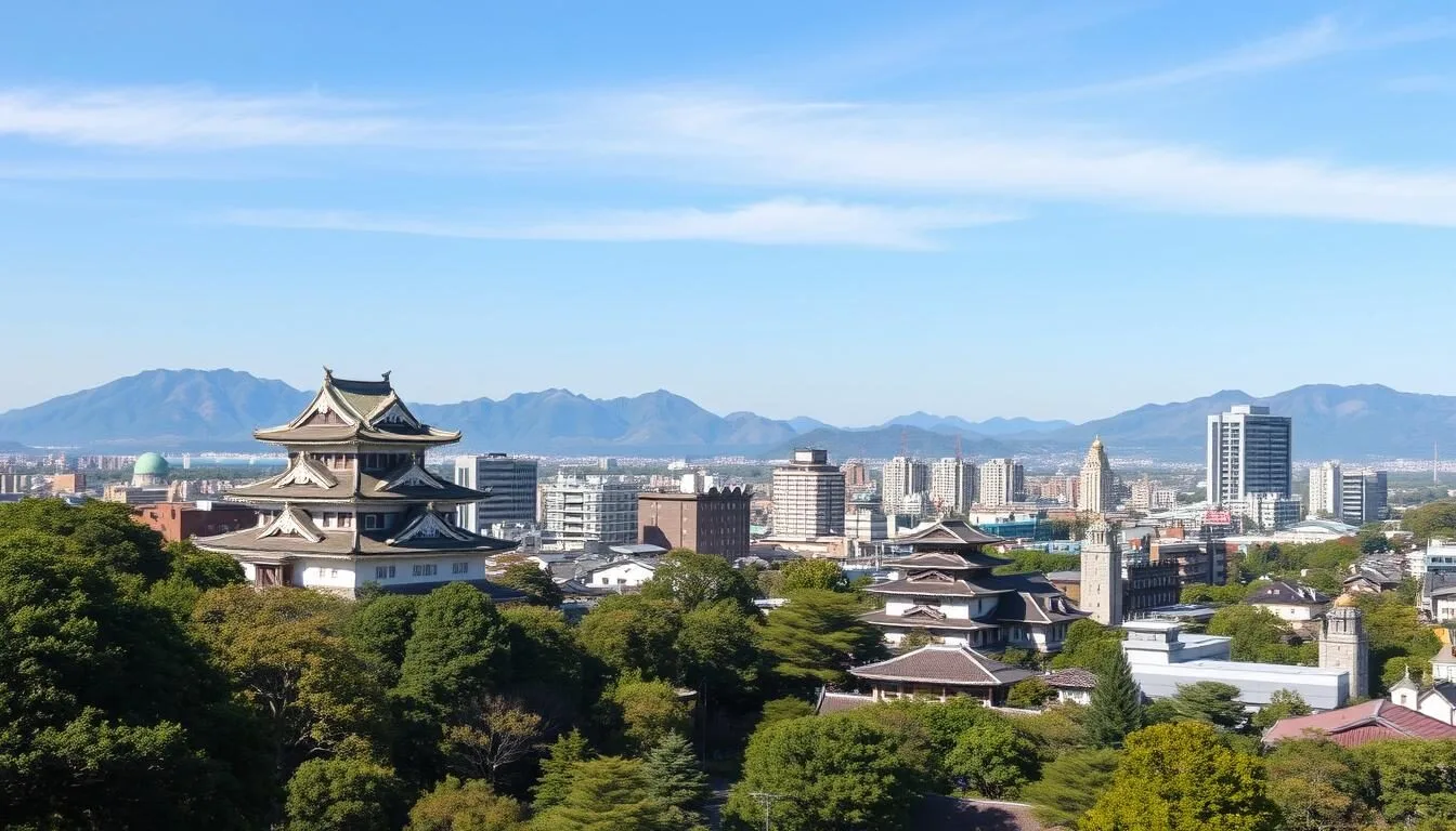 Panoramic-view-of-Kanazawa-city-with-Kenroku-en-Garden-and-Kanazawa-Castle-in-the-foreground-on Panoramic view of Kanazawa city with Kenroku-en Garden and Kanazawa Castle in the foreground on a clear day