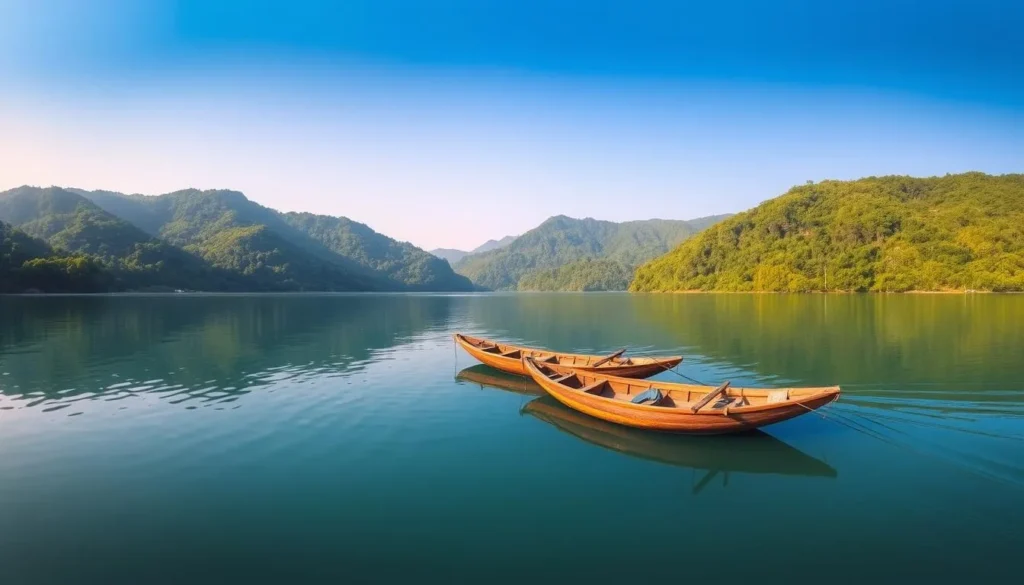 Panoramic view of Kaptai Lake surrounded by forested hills within Kaptai National Park Panoramic view of Kaptai Lake surrounded by forested hills within Kaptai National Park