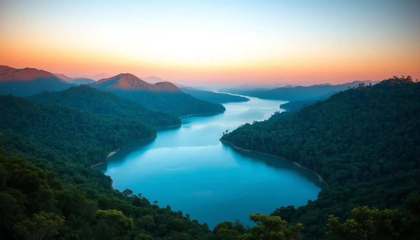 Panoramic view of Kaptai National Park showing lush green forests and the beautiful Kaptai Lake in Bangladesh
