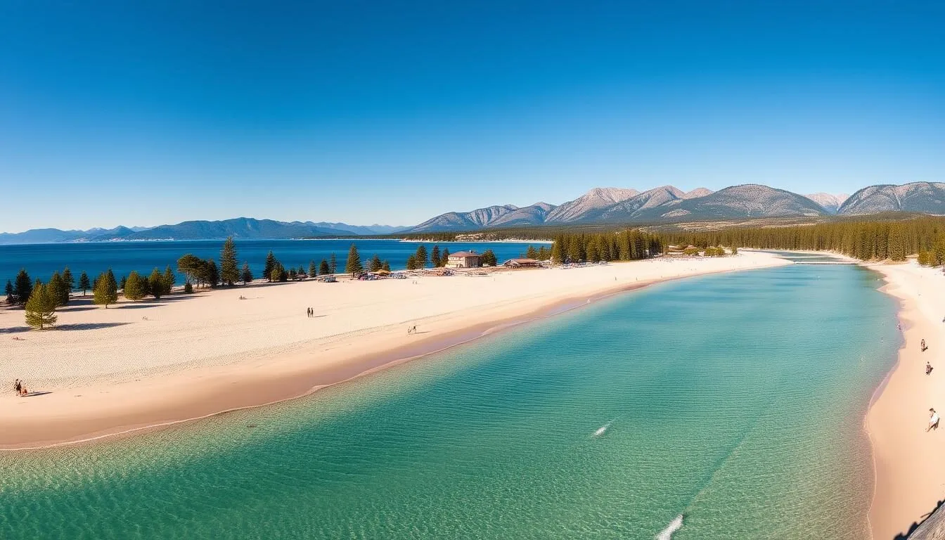 Panoramic view of Kings Beach shoreline on Lake Tahoe with crystal clear blue waters and sandy beach on a sunny day