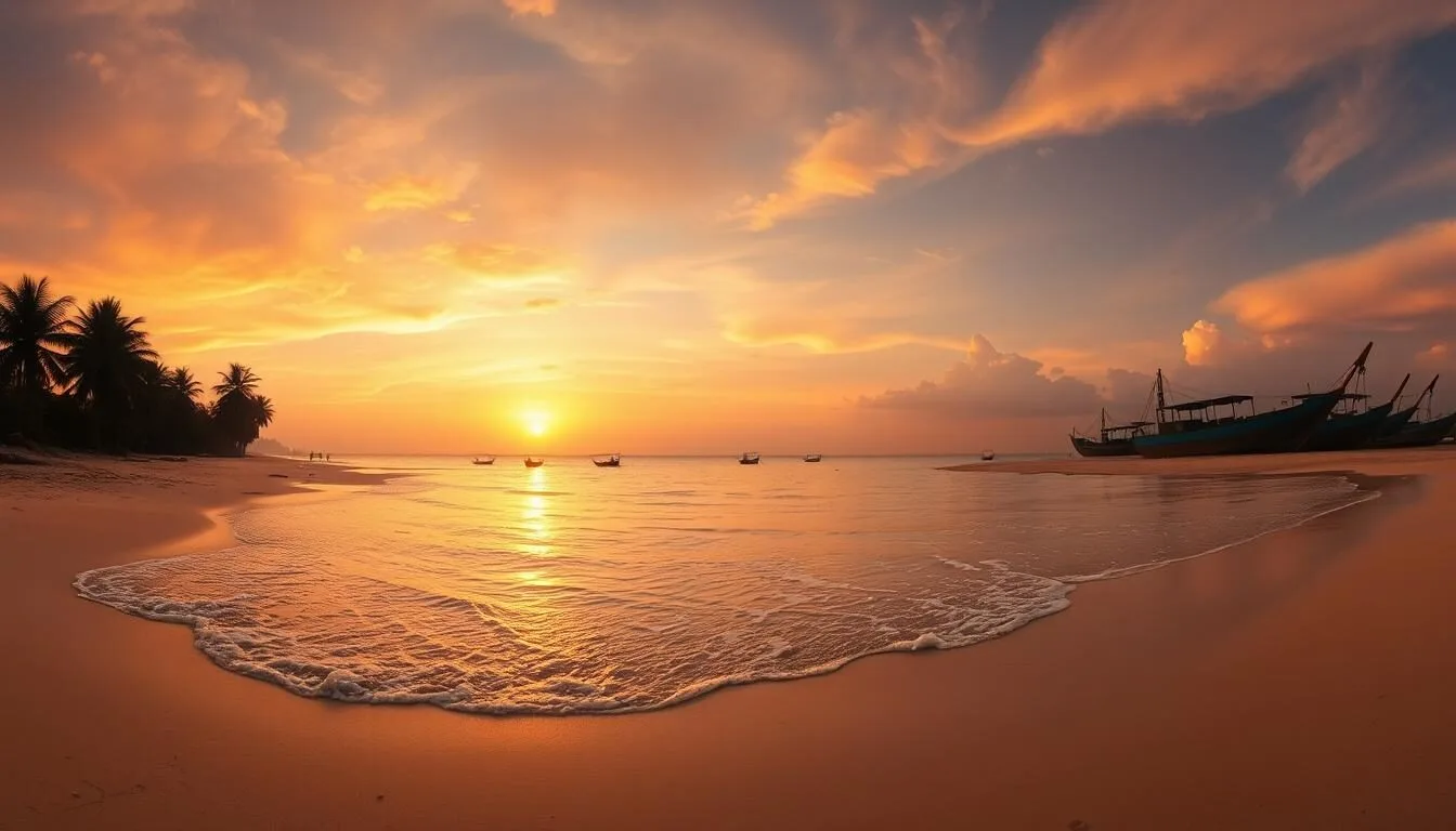 Panoramic view of Kuakata beach at sunset with golden light reflecting on the water and silhouettes of fishing boats