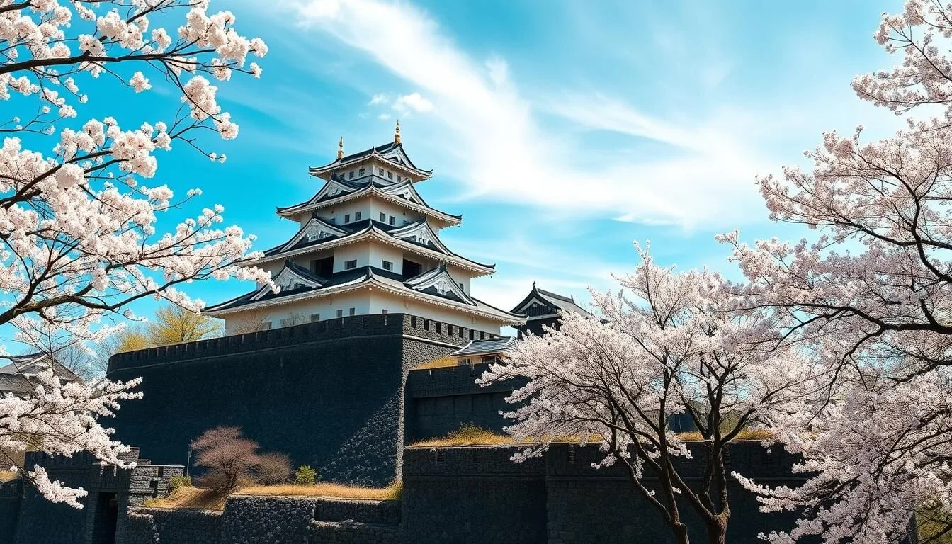 Panoramic view of Kumamoto Castle with cherry blossoms in spring, showcasing the iconic black walls and multiple tiers of this historic Japanese fortress
